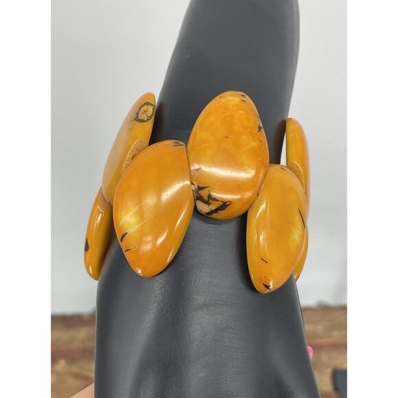 Tagua Nut Wide Cuff Bracelet Orange Almond Shape Handmade Ecuador - Picture 3 of 10